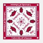 A square University of Arkansas themed bandana design featuring the team name 'Razorbacks' and mascot 'Hog' in red text, red Razorback horse illustrations, and a large red star in the center on a white background with a red border.