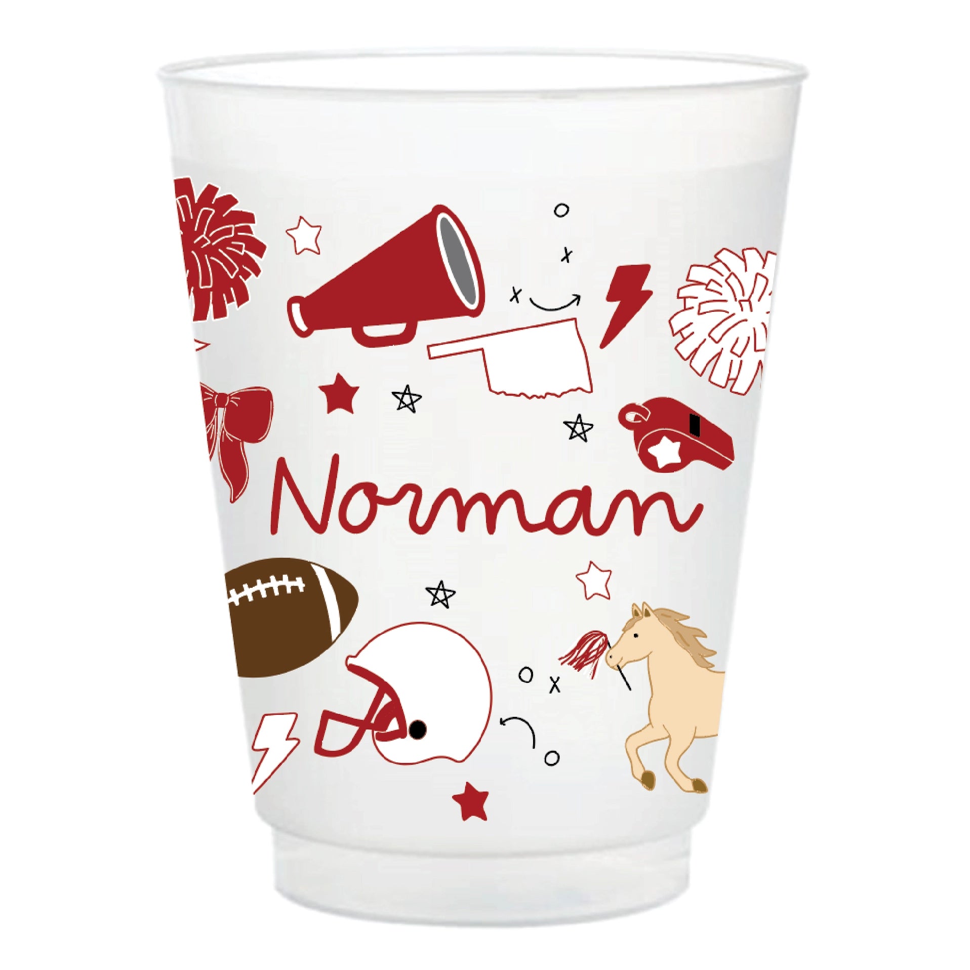 A clear plastic party cup with a white printed design featuring University of Oklahoma sports-themed doodles, including a megaphone, football, helmet, horse, and the name 'Norman' in red script.