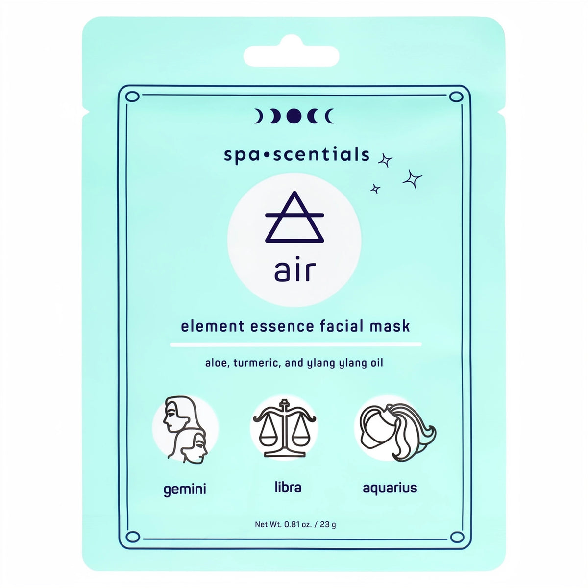 Spa•scentsials Air Element Essence Facial Mask in a light aqua blue pouch packaging, featuring Gemini, Libra, and Aquarius zodiac icons.