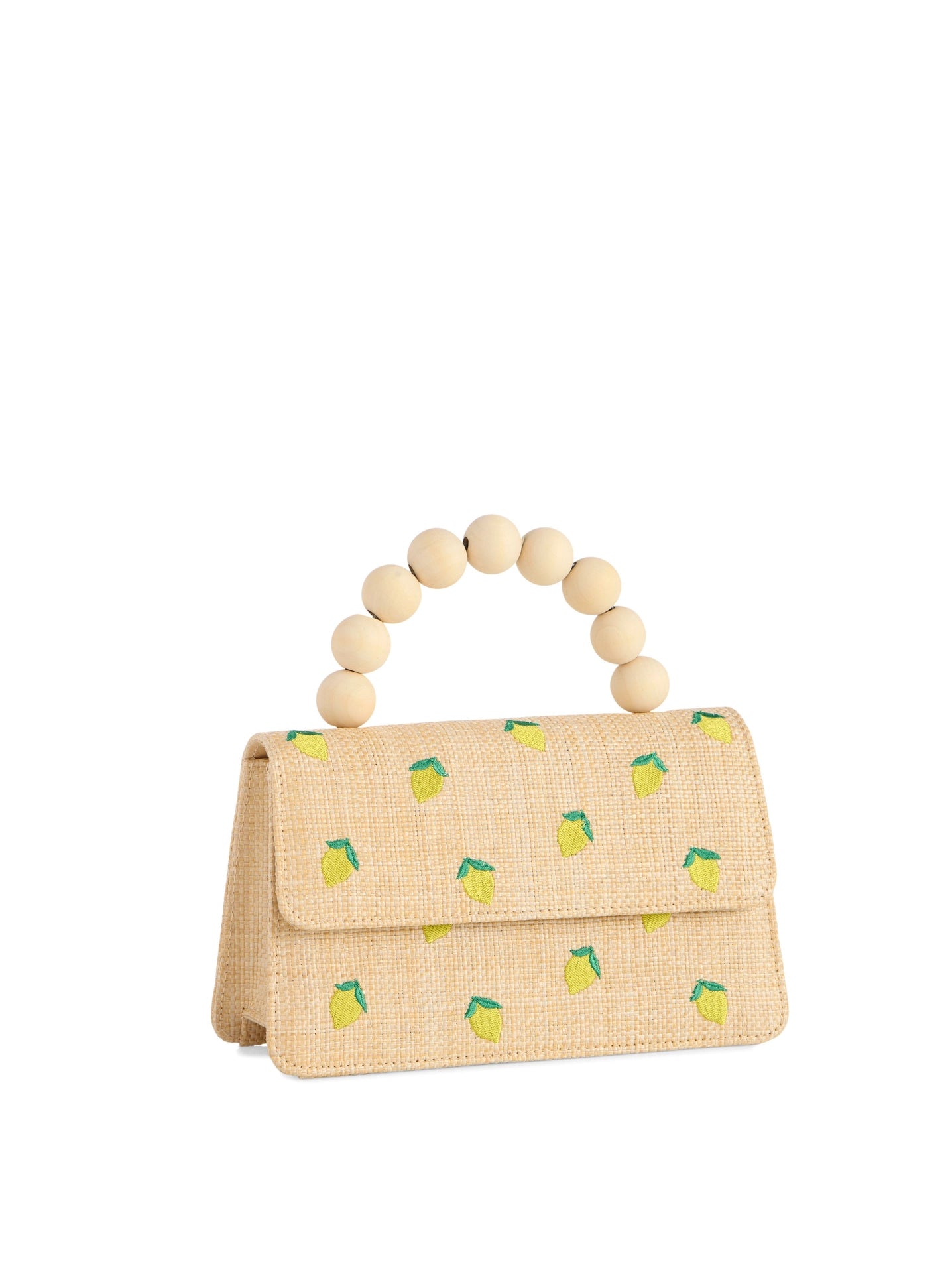 Woven handbag with wooden handle and lemon pattern on a white background