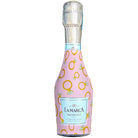 Pink bottle of Lamarca Prosecco with gold ring pattern on a pink background