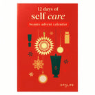 A red rectangular box for a '12 days of self care beauty advent calendar' by SPALIFE, decorated with gold and dark green minimalist illustrations of cosmetic containers and ornaments.