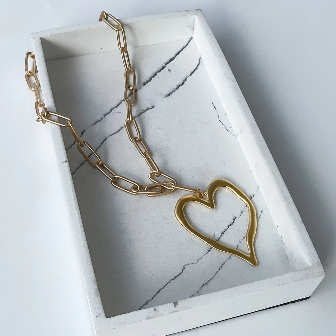 Gold Paperclip Chain Necklace with XL Heart Pendant