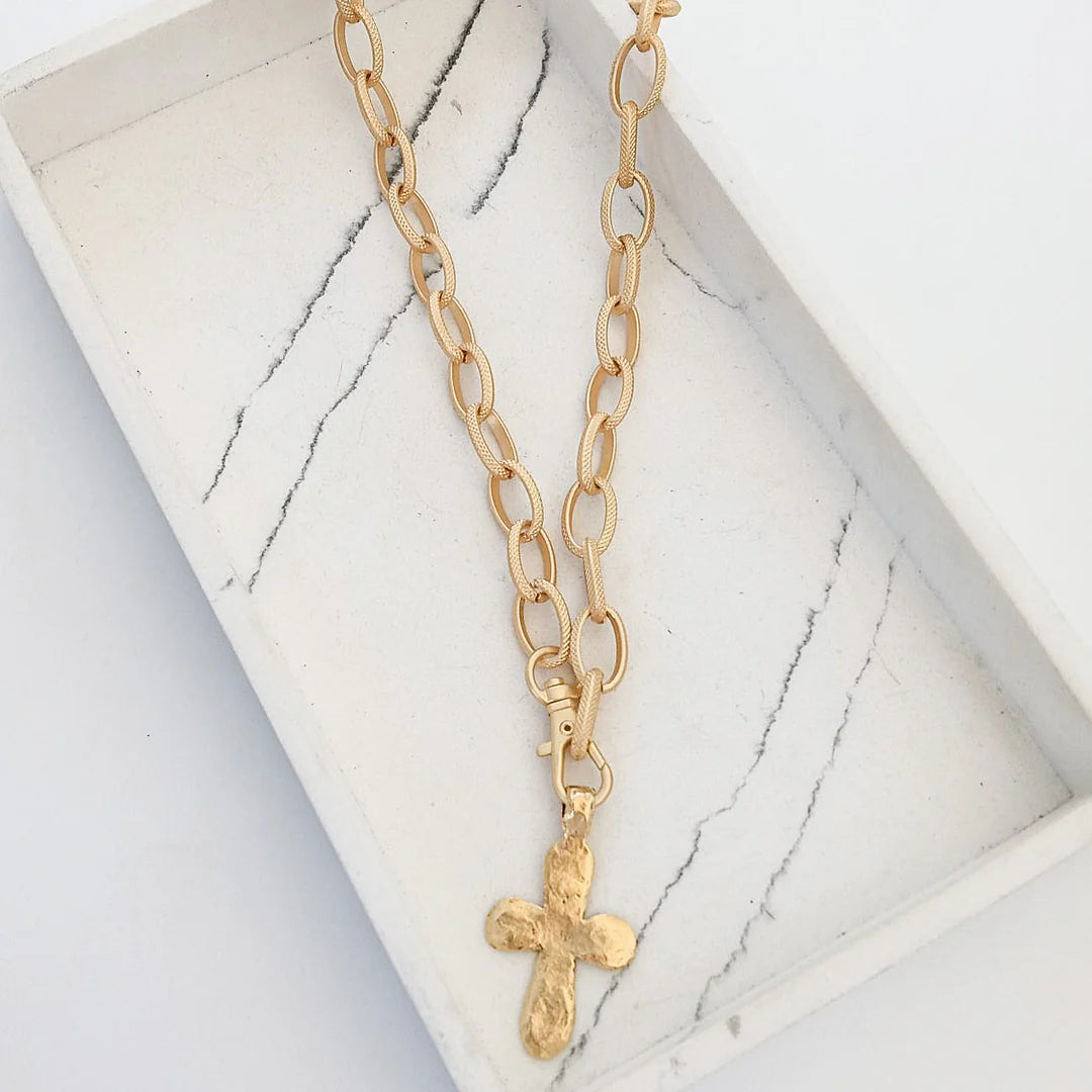 Gold Etched Long-Tail Cross Chain Necklace