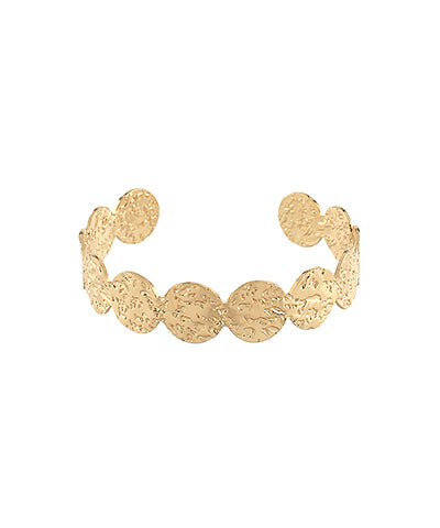 Gold bracelet with textured circular links on a white background