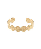 Gold bracelet with textured circular links on a white background