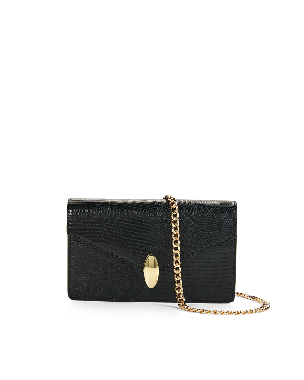 A black crocodile-embossed leather clutch bag with a gold oval clasp and a gold chain strap, shown on a plain white background.