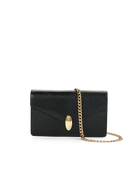 A black crocodile-embossed leather clutch bag with a gold oval clasp and a gold chain strap, shown on a plain white background.