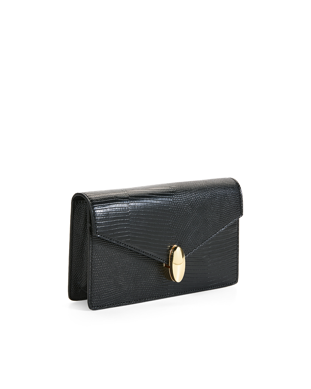 A black textured leather clutch bag with a gold-tone turn-lock clasp, displayed on a clean white background.