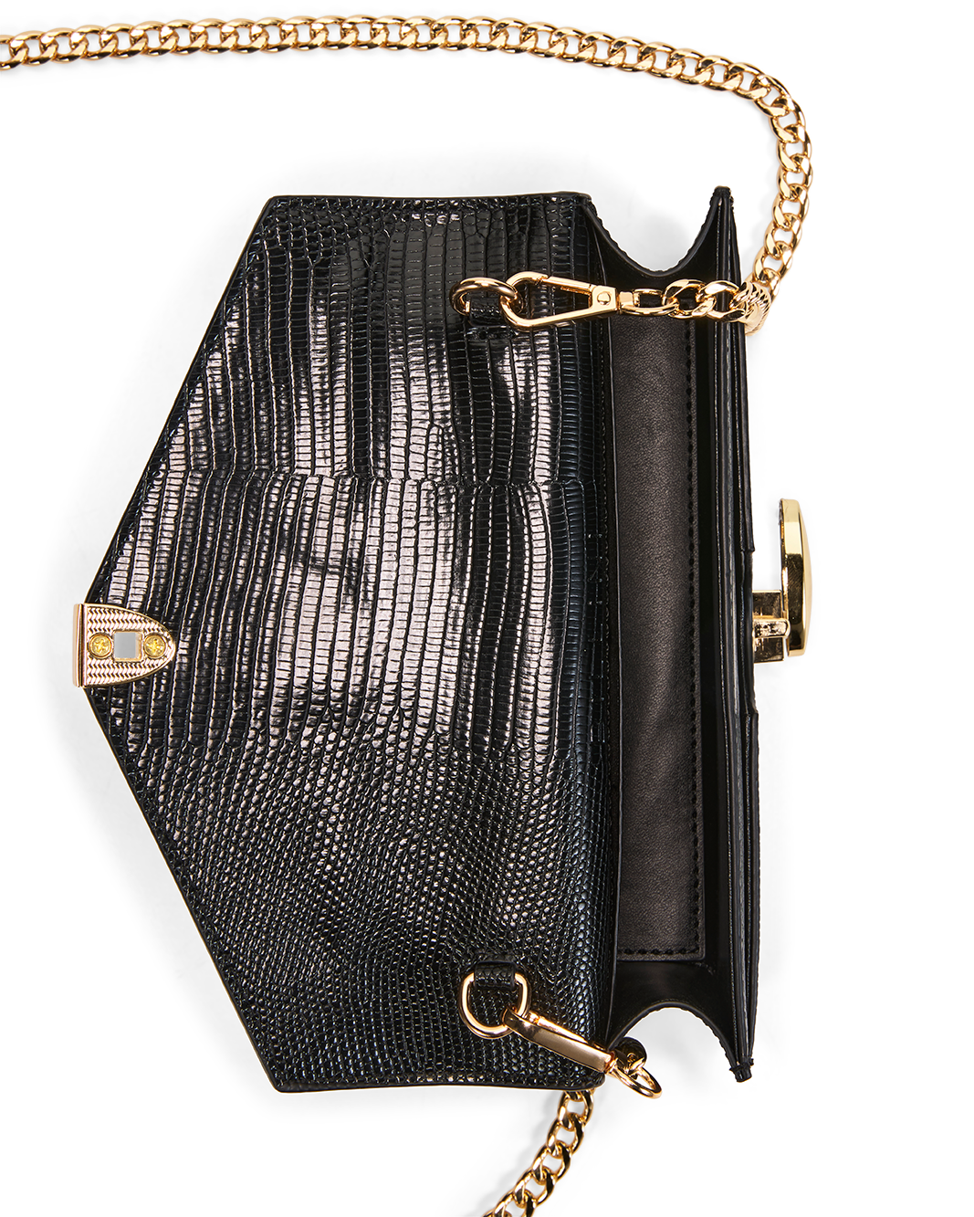 Black textured crocodile-embossed clutch bag with gold-tone hardware and chain strap, shown open against a white background.