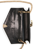 Black textured crocodile-embossed clutch bag with gold-tone hardware and chain strap, shown open against a white background.