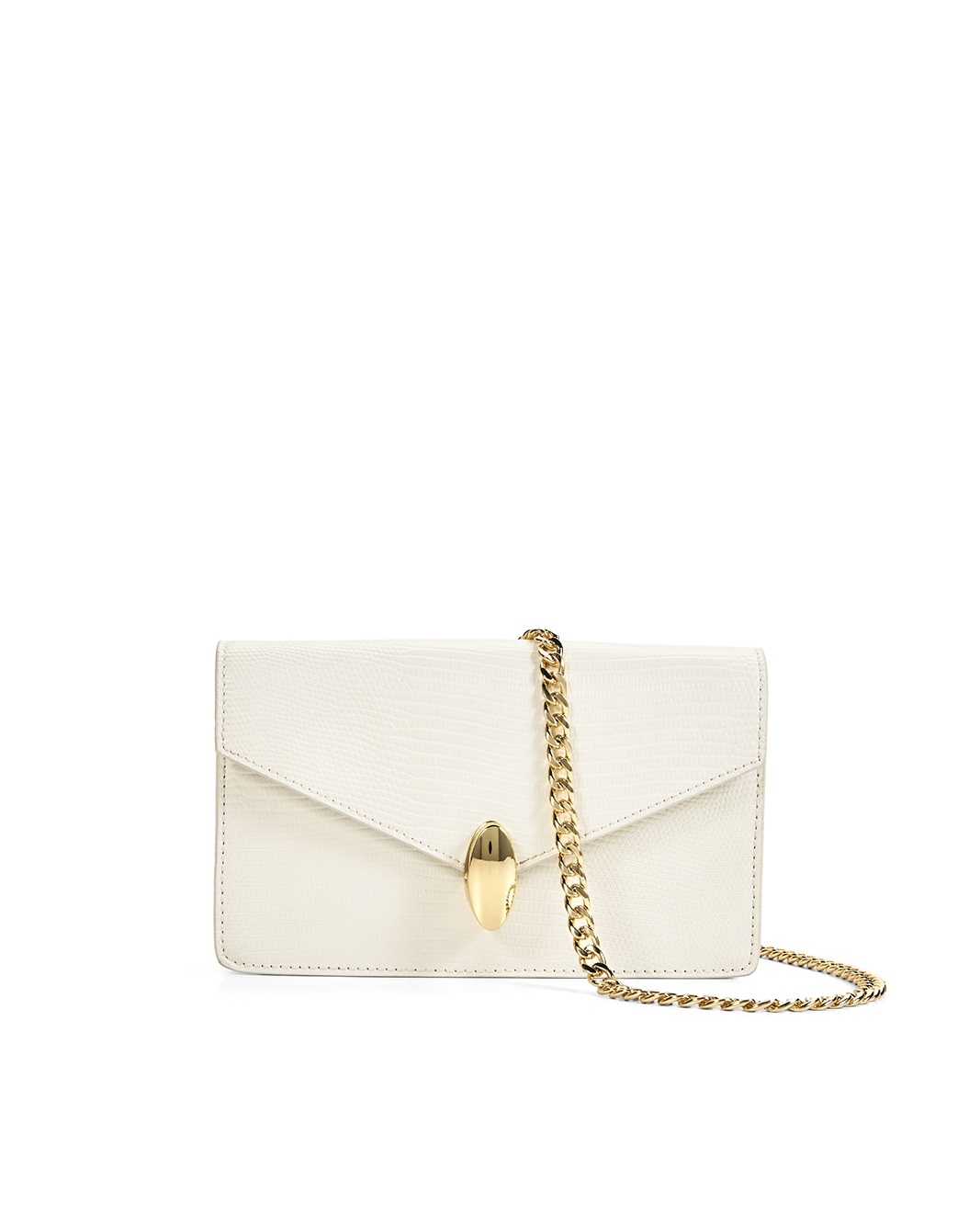 A small white envelope-style handbag with a gold chain strap and a gold turn-lock clasp, photographed on a clean white background.