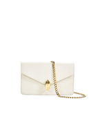 A small white envelope-style handbag with a gold chain strap and a gold turn-lock clasp, photographed on a clean white background.