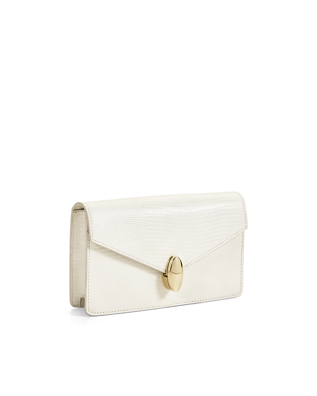 An off-white leather clutch bag with a textured flap and a gold-tone turn-lock clasp, shown on a plain white background.
