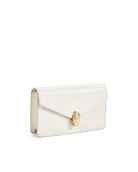 An off-white leather clutch bag with a textured flap and a gold-tone turn-lock clasp, shown on a plain white background.