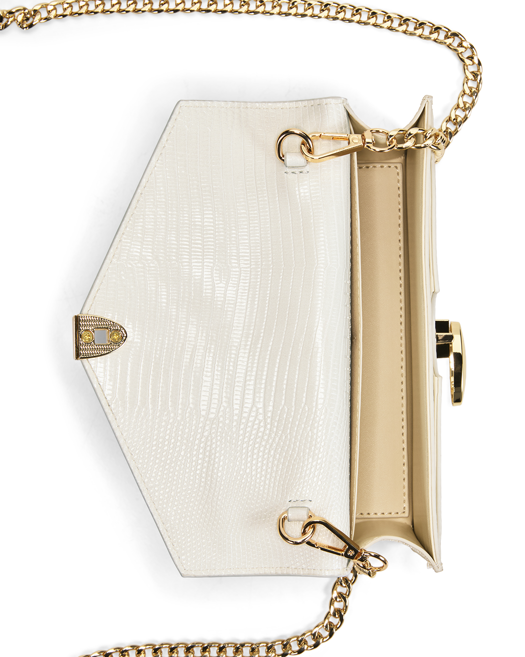 An off-white crocodile-embossed leather clutch bag with gold-tone hardware and a gold chain strap, shown from a top-down view on a white background.