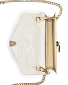 An off-white crocodile-embossed leather clutch bag with gold-tone hardware and a gold chain strap, shown from a top-down view on a white background.