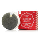 A sponge-able body wash scrub pad next to its red packaging box, labeled 'SpongeJelly Men's Elite Buffer'. The scrub pad features a dark gray textured side and a white sponge backing with a white strap.