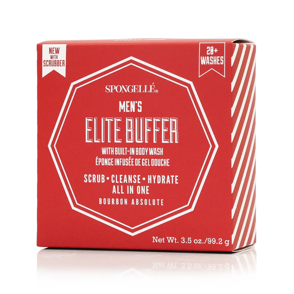 Spongellé Men's Elite Buffer body wash box in a vibrant red color with white text and geometric line designs, shown on a clean white background with a subtle reflection.