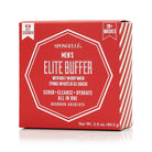 Spongellé Men's Elite Buffer body wash box in a vibrant red color with white text and geometric line designs, shown on a clean white background with a subtle reflection.