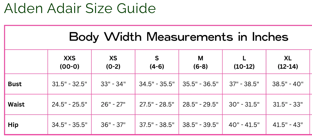 A size guide table titled 'Alden Adair Size Guide' showing body width measurements in inches for XXS through XL, with columns for Bust, Waist, and Hip.