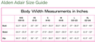 A size guide table titled 'Alden Adair Size Guide' showing body width measurements in inches for XXS through XL, with columns for Bust, Waist, and Hip.