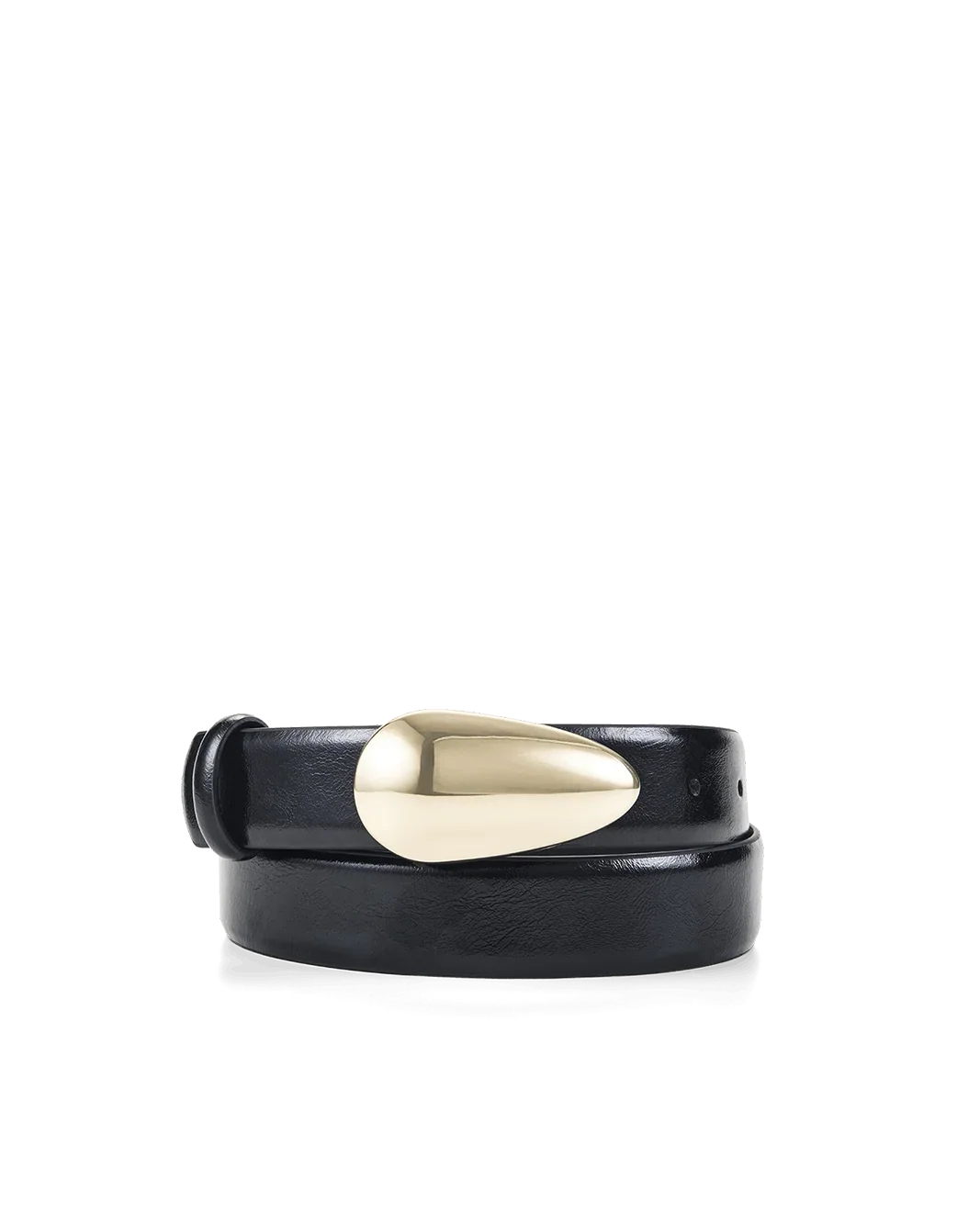 A black leather wrap-style belt with a large, polished gold teardrop-shaped buckle, coiled on a white background.
