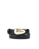 A black leather wrap-style belt with a large, polished gold teardrop-shaped buckle, coiled on a white background.