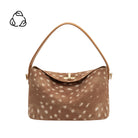 A brown handbag with a white spotted deer-print pattern, featuring a tan shoulder strap and gold-tone hardware, shown against a plain white background.