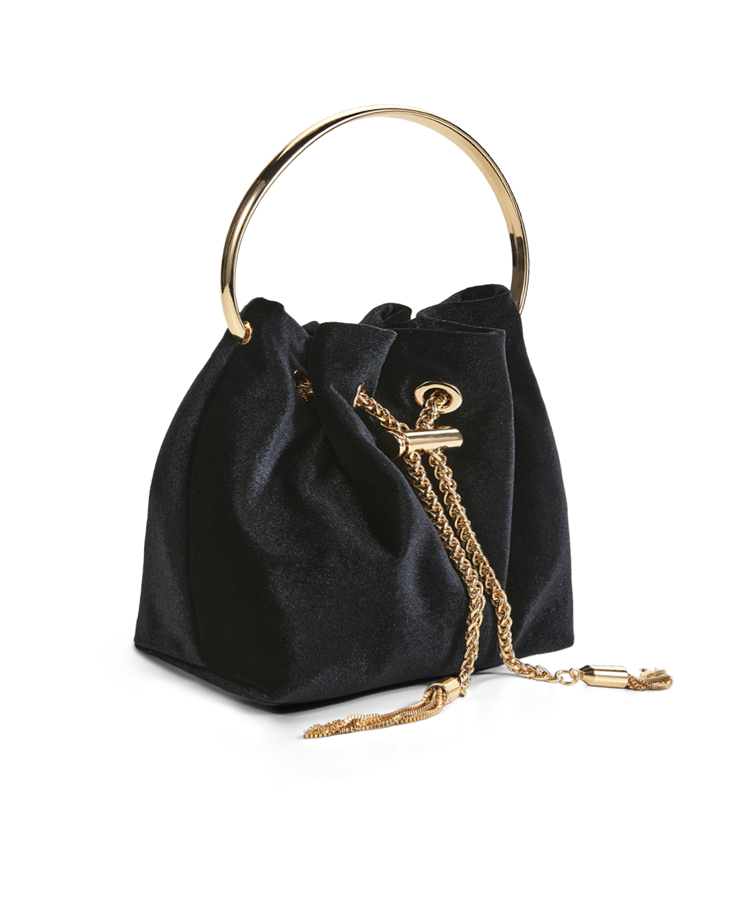 A black velvet bucket bag with a gold-tone circular top handle, a drawstring closure, and a gold chain detail, shown on a plain white background.
