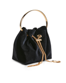 A black velvet bucket bag with a gold-tone circular top handle, a drawstring closure, and a gold chain detail, shown on a plain white background.