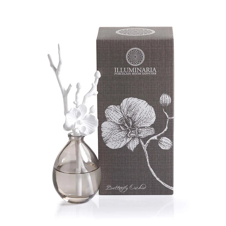 Decorative diffuser with floral design and matching box on a white background