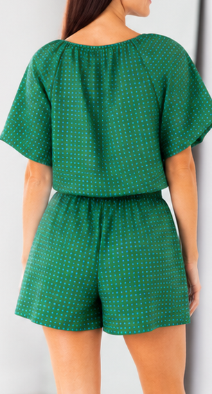 Woman wearing a green outfit in two different poses on a white background
