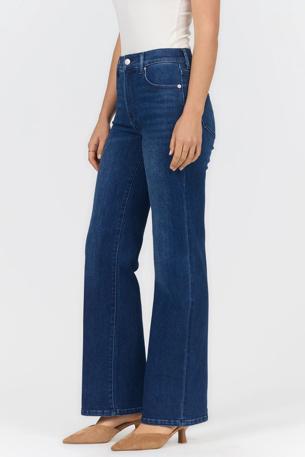 A model wearing a pair of dark blue high-waisted, wide-leg jeans with a white top and tan pointed-toe heels, shown from the waist down against a light gray studio background.