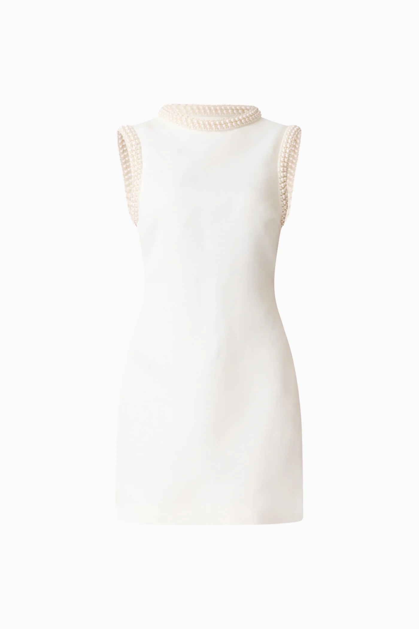 White sleeveless dress with textured trim on a white background
