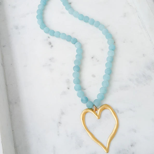 Gemstone Beaded Heart Necklace - Sky Blue