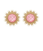 Pair of earrings with pink gemstones and gold accents on a white background