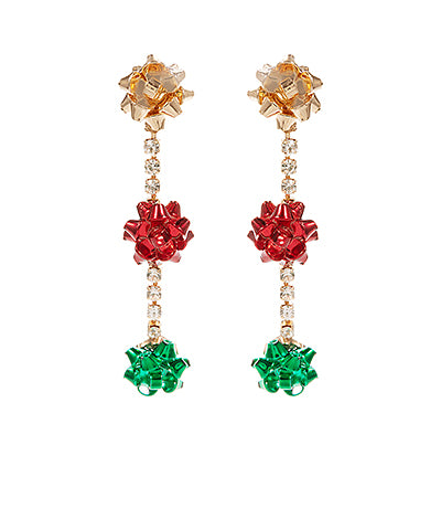 Pair of earrings with red and green gemstones on a white background