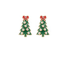 Green Christmas tree earrings with red bows and pearl-like beads on a white background