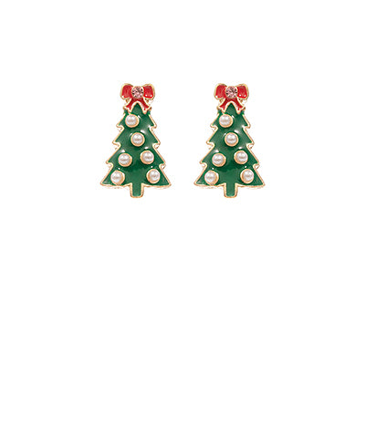 Green Christmas tree earrings with red bows and pearl-like beads on a white background