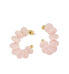 Pair of pink candy beaded hoop earrings with gold accents on a white background