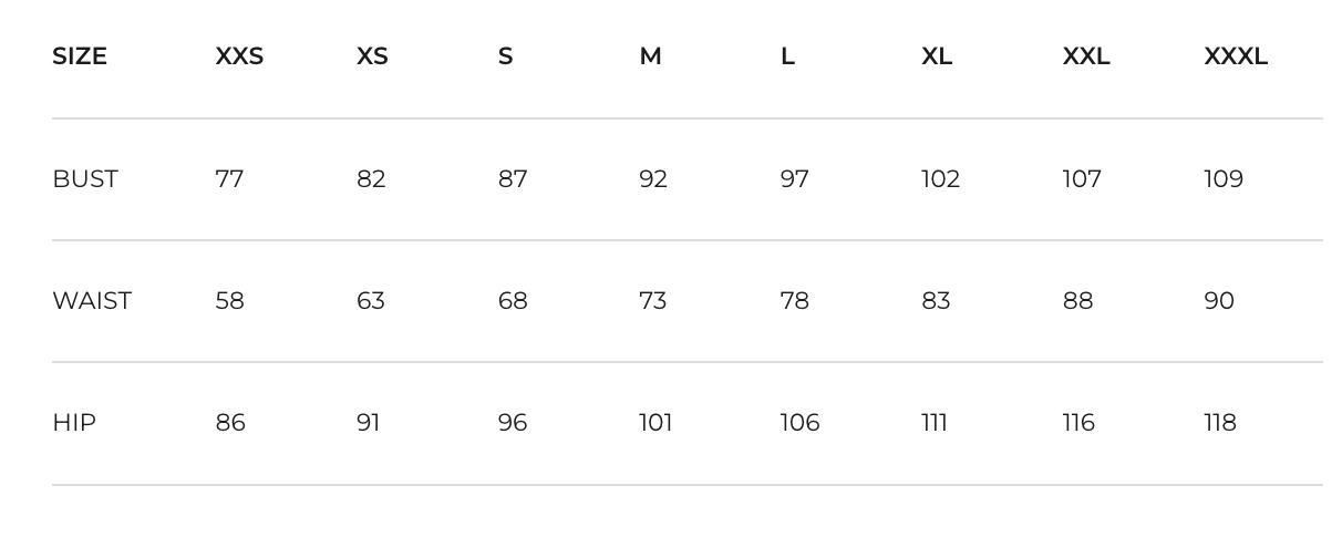 Measurement chart for bust, waist, and hip sizes with size labels.