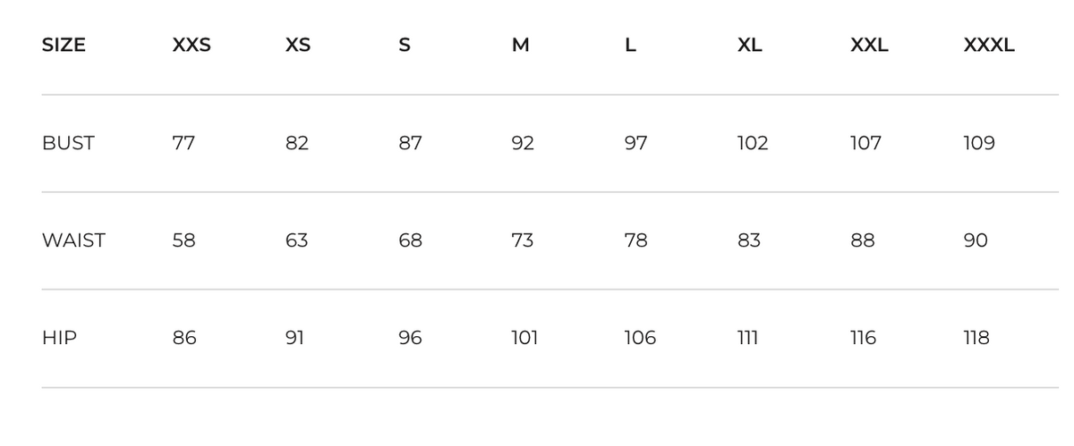 Measurement chart for bust, waist, and hip sizes with size labels.