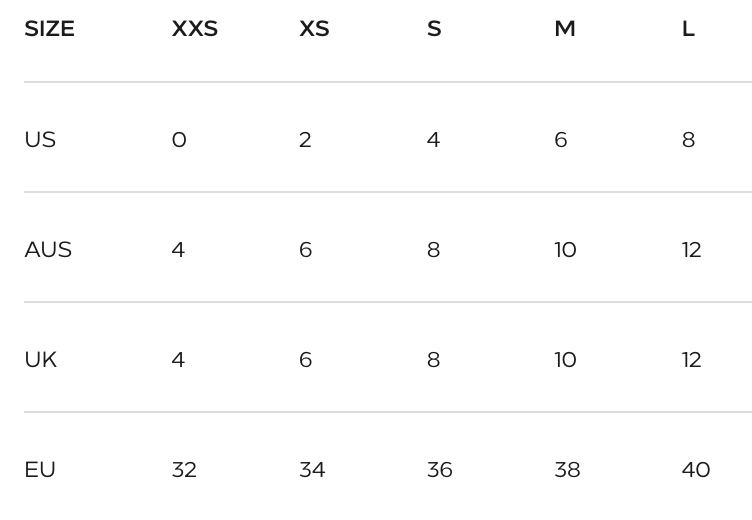 A size chart table showing measurements for XXS, XS, S, M, and L sizes, with columns for SIZE, US, AUS, UK, EU, and numeric values from 0 to 40.