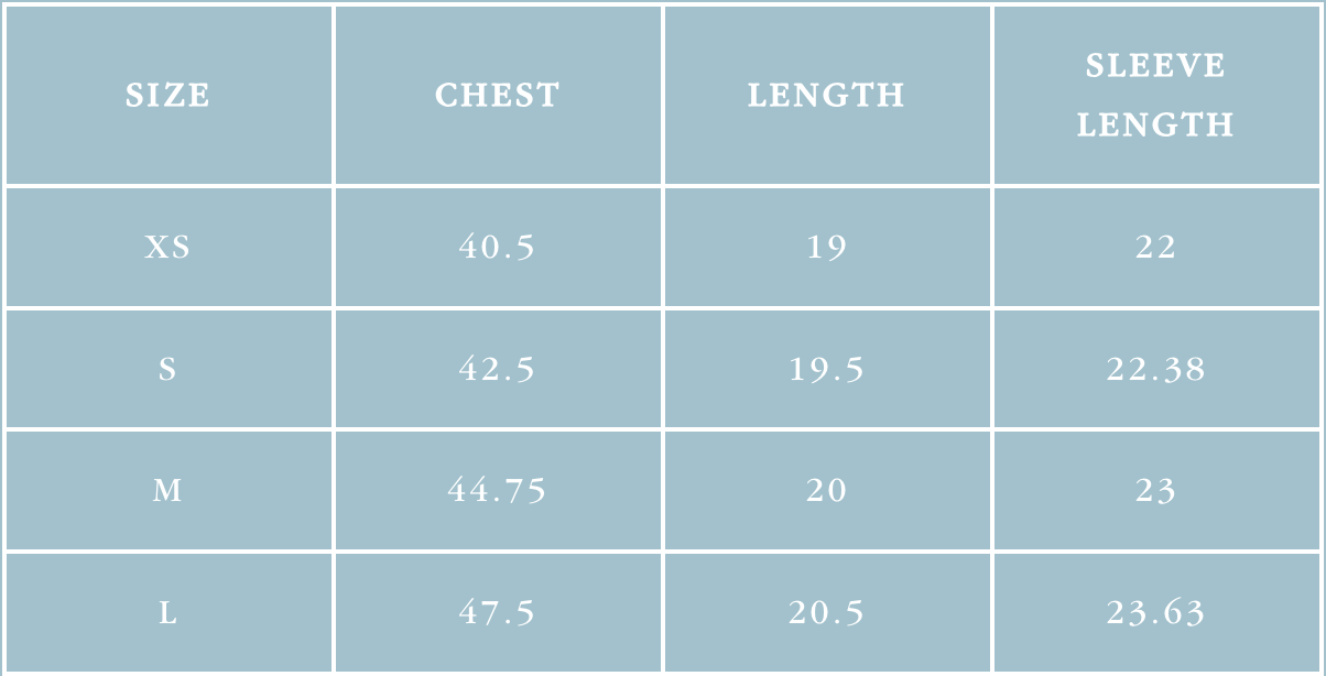 A size chart table with columns labeled SIZE, CHEST, LENGTH, and SLEEVE LENGTH. The rows show measurements for XS, S, M, and L in centimeters and inches.