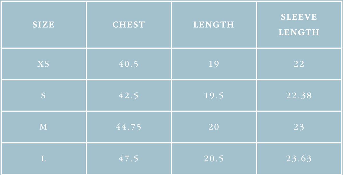 A size chart table with columns labeled SIZE, CHEST, LENGTH, and SLEEVE LENGTH. The rows show measurements for XS, S, M, and L in centimeters and inches.