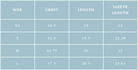 A size chart table with columns labeled SIZE, CHEST, LENGTH, and SLEEVE LENGTH. The rows show measurements for XS, S, M, and L in centimeters and inches.