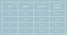 Measurement chart for shirt sizes with chest, length, and sleeve length dimensions.
