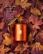 An orange metallic cylindrical candle tin with a geometric line design and a central diamond emblem, placed on a bed of autumn leaves in shades of red, brown, and yellow. White text on the upper left lists product details: 13.