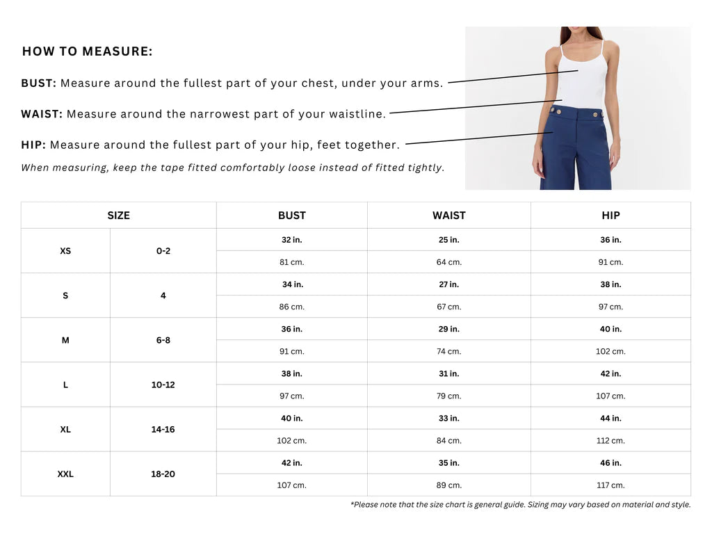 A sizing guide and measurement chart for women's jeans, featuring text instructions on how to measure bust, waist, and hip, alongside a small model photo and a size reference table.